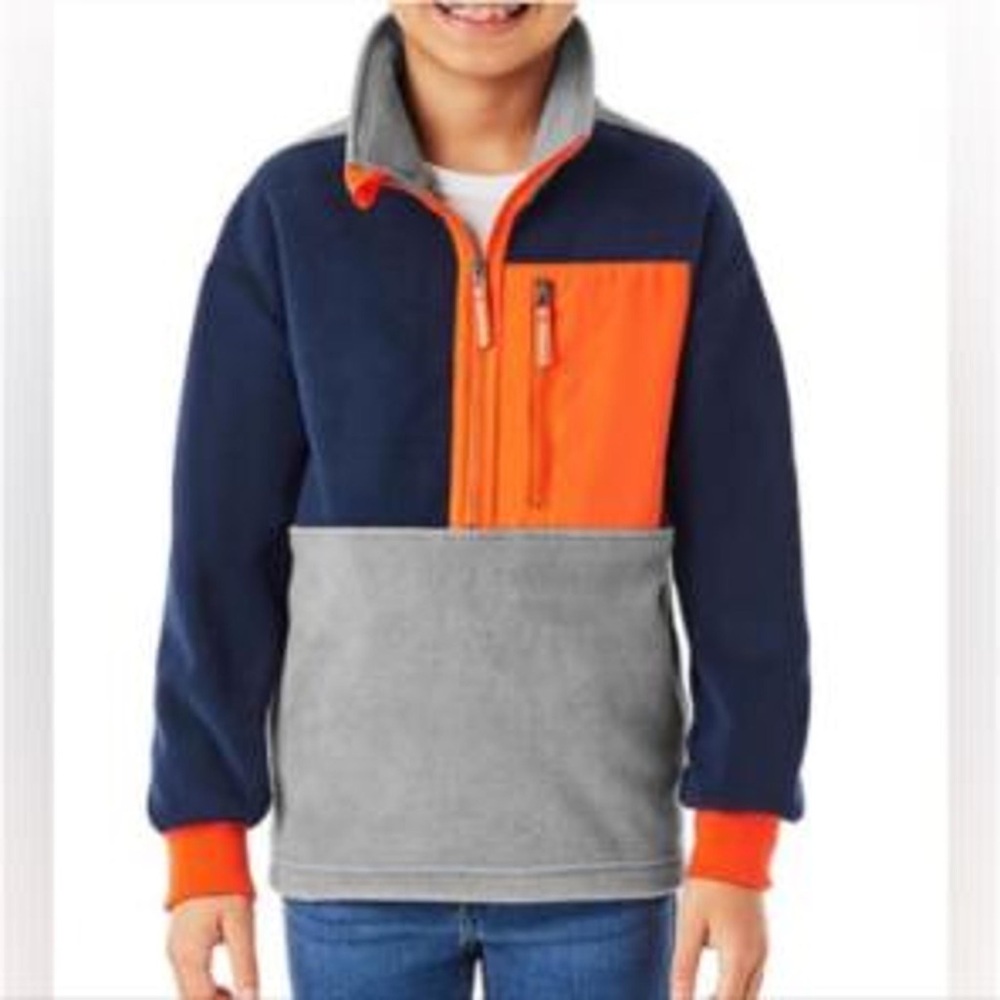 Size L (10) Boys Colorblock Quarter-Zip Fleece Hoodie in Navy, Orange & Gray